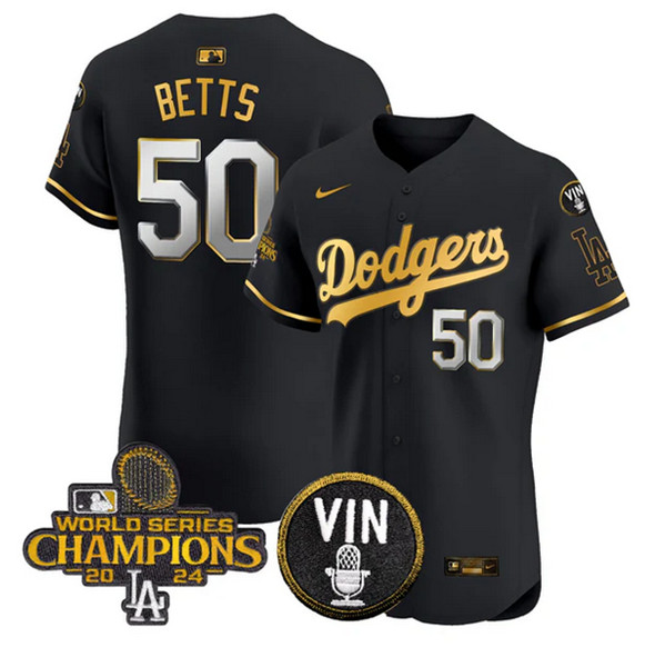 Men's Los Angeles Dodgers ACTIVE PLAYER Custom Black/Gold 2024 World Series Champions With Vin Patch Vapor Limited Stitched Baseball Jersey